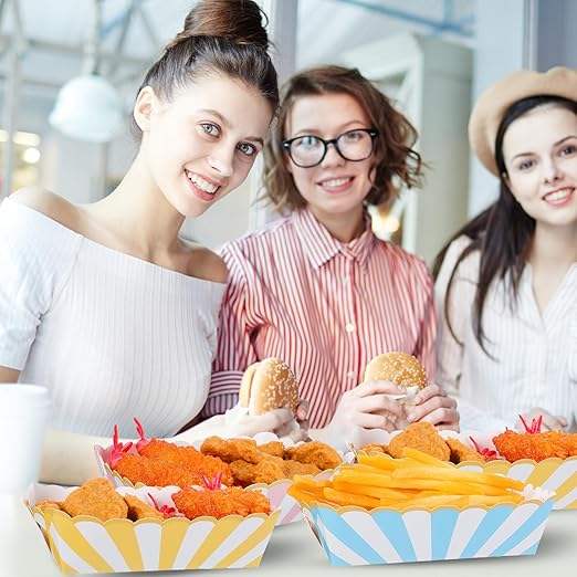 Pastel Paper Disposable Food Tray Pastel Party Kraft Food Boat 4 Color Stripes with Scallops Gold Foil Hot Dog Tacos Food Trays