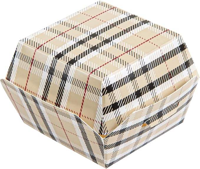 Disposable Plaid Paper Hamburger Box with Hinged Lid Kraft Cardboard Takeout Container for Mini Burgers or Desserts Food Box