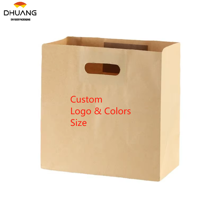 Fast Food Fruit Dessert Baking Takeaway Cardboard Packing Hand Bag Punched Tote Bag With Reinforced Custom Bread Bags