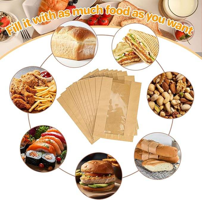 Brown Paper Bread Bags with Windows Gravure Printing Zippered and Self-Adhesive Seal for Round Custom Bread Bags