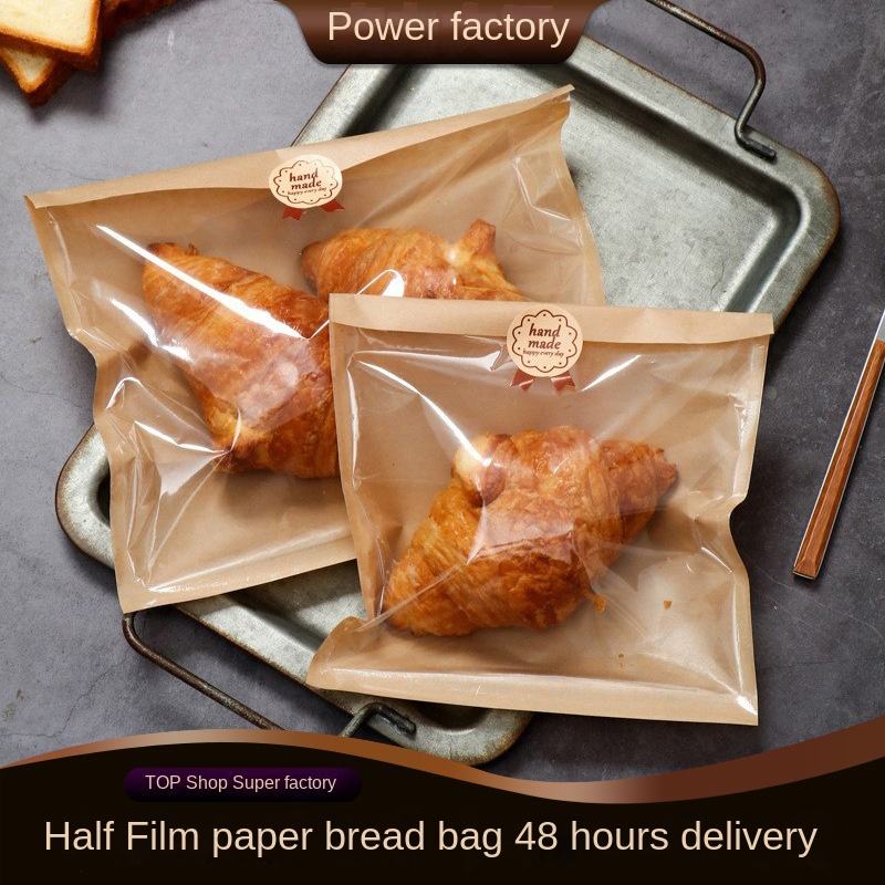 Classic Style Half Film Paper Bread Bag Transparent Kraft Paper for Packaging Desserts Beef Toast Baking Foods Custom Bread Bags