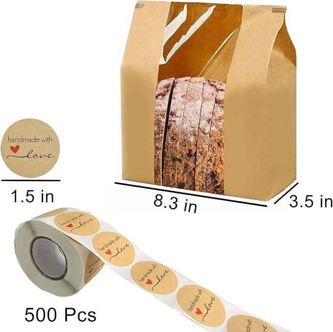 Window Kraft Paper Bread Bag with Tin Za Label Lock for Baking Coffee Beans Cookies-Packaged with Seal Sticker Custom Bread Bags