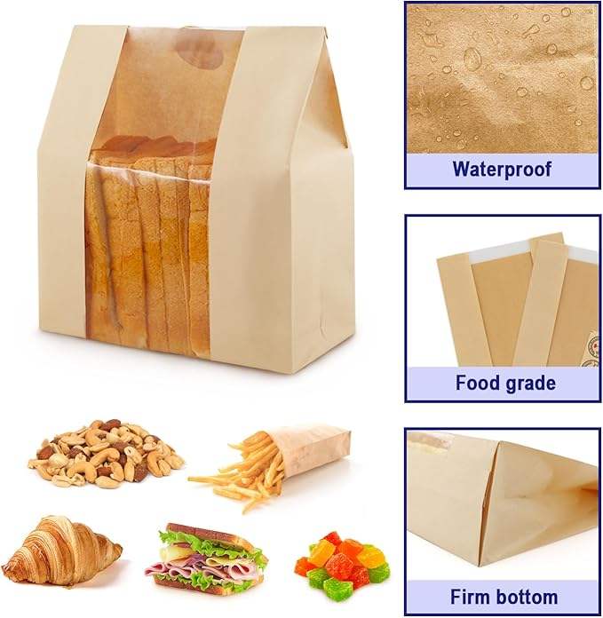 Custom Brown Paper Bread Bag Set Window for Baked Goods Storage Craft 40 Label Sealing Stickers Custom Bread Bags