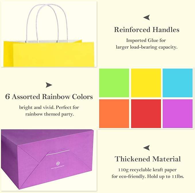 Kraft Paper Gift Bags with Handle in rainbow Colors for Weddings Birthdays Gifts Shopping and Party Supplies Shopping Bag