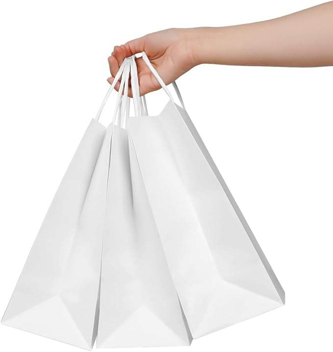 White Kraft Paper Bags with Handle for Birthdays Parties Retail and Gift Packaging Measuring for Candy Storage Shopping Bag