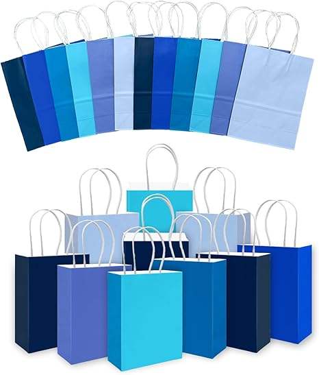 Bulk Small Size Kraft Paper Gift Bags with Handles 6 Different Blue Colors Multiple Uses for Gifts with Custom Logo Shopping Bag