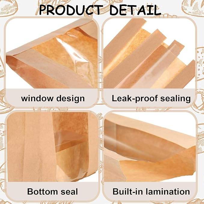 Brown Cowhide Storage Paper Bags with Window Long French Cookie Package for Breads and Cookies Custom Bread Bags