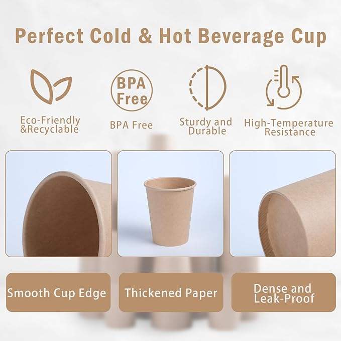 Custom Logo Disposable Kraft Paper Cups Unbleached Brown Single Wall Cups for Hot/Cold Beverages PE for Home Office Party Visits