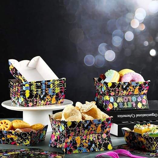 Packs of Neon Party Supplies, Decorations, Disposable Paper Food Plates, Paper Food Boats, Suitable for Carnival, Festivals