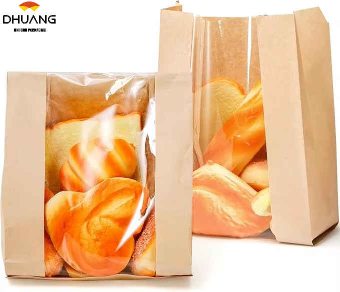 100 Packages Paper Bread Bag with Window with Stickers for Sandwich Candy Cookies Doughnuts Custom Bread Bags