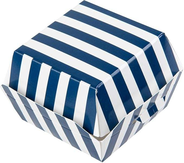 Mini Burger Box Food Container with Hinged Lid - Blue and White Striped Paper Takeout Burger Box