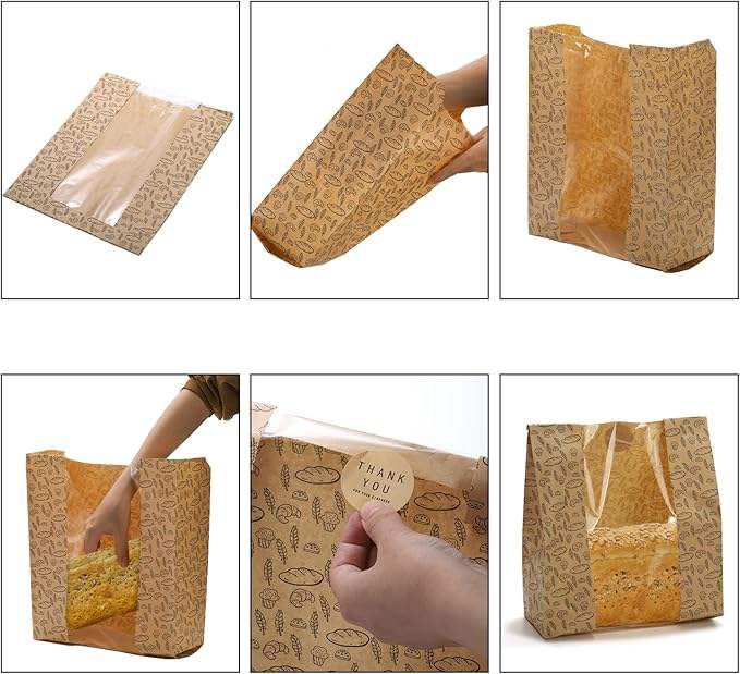 Craft Paper Bread Bags Clear Window 100 Stickers for Brown Toast Cookie Packaging Sourdough Bread Friendly Custom Bread Bags
