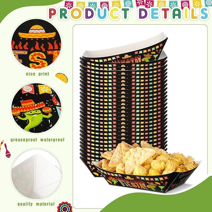 Paper Food Trays 2 lb Nachos Disposable Trays Mexican Theme Decorated Popcorn Tacos (Classic)