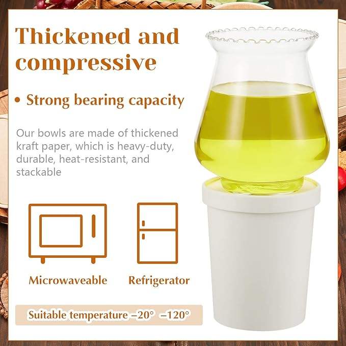 32 oz Paper Soup Container with Lid Disposable Cowhide Soup Food Bowl Microwave Food Storage Ice Cream Container (White)
