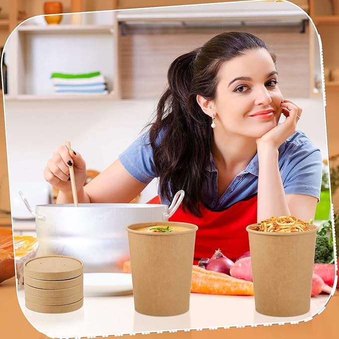 32 oz Paper Soup Container with Lid Disposable Cowhide Soup Food Bowl Microwave Food Storage Ice Cream Container Paper Cup