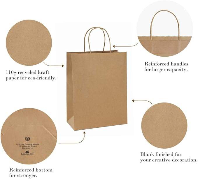Kraft Paper Bag 100 Gift Bags, Merchandise Bags, Retail Bags, Party Bags, 100% Recycled Paper Bags Processed in Bulk